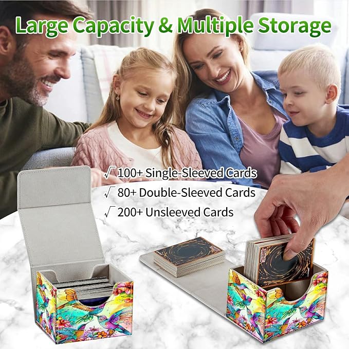 Card Deck Box for MTG, Cards Storage Box Fits 120+ Sleeved, Leather Small Size Strong Magnetic Closing Card Case for Board Games Magic TCG CCG Baseball Collection, Four Birds Flowers
