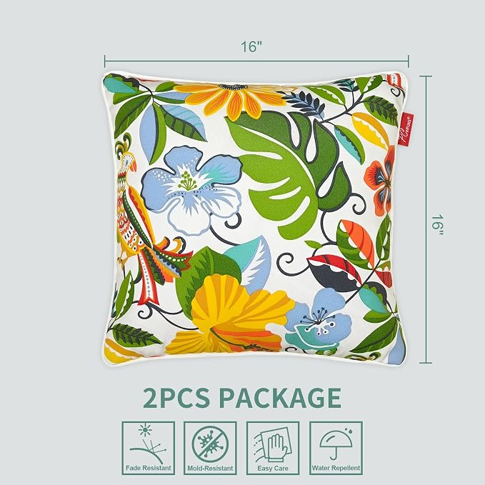 Pack of 2 Outdoor Throw Pillows,16x16 Inch All-Weather Water-Resistant Patio Pillows with Inserts,Decorative Pillows for Patio Furniture,Couch,Sofa,Poolside,Flower Bird