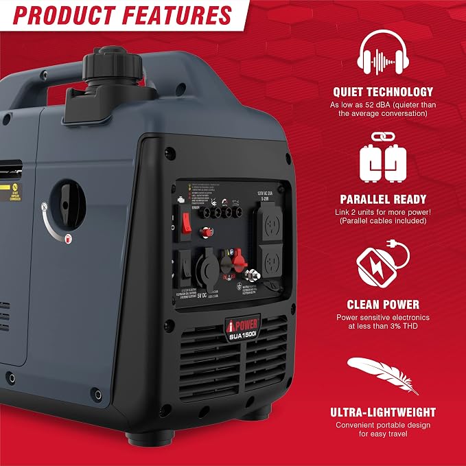 A-iPower 1500 Watt Quiet Portable Inverter Generator Gas Powered, Small Ultra Lightweight Quiet Generator for Camping, Tailgating, Home Backup, Emergency, EPA & CARB Compliant, CO Sensor (SUA1500i)