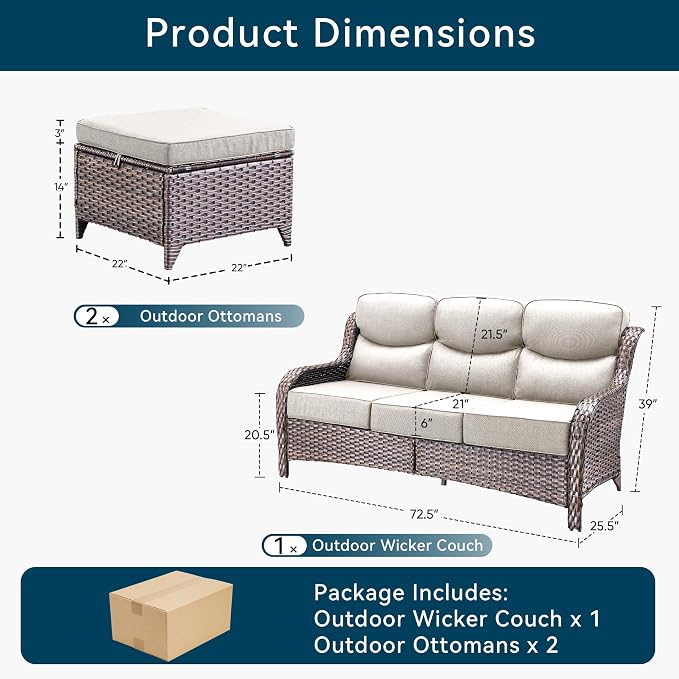 Luxury 3 Pieces Patio Furniture Sets-All Weather Wicker Rattan 3-Seat Sofa Set with Comfy 6" Cushion, Multifunctional Ottomans Patio Conversation Set for Deck Backyard Garden(Brown/Beige)