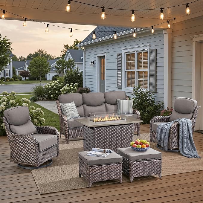 Luxury Patio Furniture Set with 42.5" Fire Pit Table, 6 Pieces High Back All Weather Wicker Outdoor Furniture w/ 6-Inch Thick Cushions, Patio Swivel Chairs Couch for Deck Balcony Backyard Brown/Grey