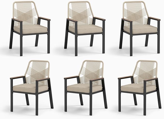MIXPATIO Patio Wicker Chair Sets of 6, Outdoor Dining Chairs with 3.1 inch Seat Cushions, Sturdy Metal Frame & Wood Grain Armrest, Beige