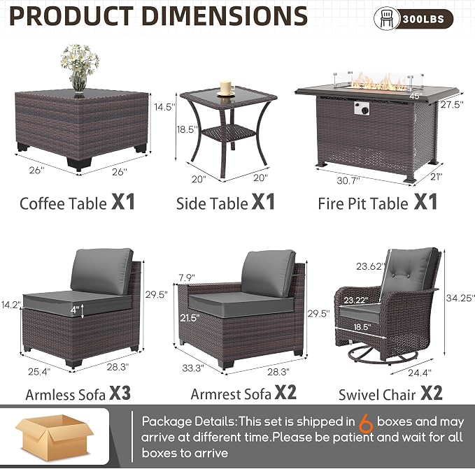 Patio Furniture Set 10 Pieces Outdoor Furniture Patio Conversation Set w/43in 55000 BTU Propane Fire Pit Table,PE Rattan Wicker 10 Pcs Outdoor Sofa Set w/Swivel Rocking Chairs,Grey