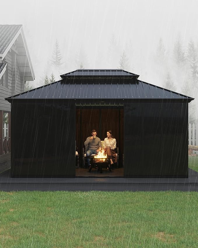 12x16 ft Hardtop Gazebo Sunroom, All-Season Outdoor Room with Aluminum Frame, Enclosed Patio Solarium with Polycarbonate Sliding Doors & Double Roof for Backyard, Deck, and Hot Tub Enclosure