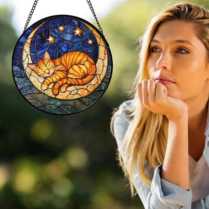 Stained Glass Window Hanging - Orange Moon Sleeping Cat Sun Catcher for Door Home Decor Blue Starry Sky Suncatcher Christmas Mother's Day Birthday Gifts for Women Men Mom Nana 15 in
