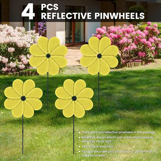 4PCS 11.4" W x 28" H Reflective Pinwheels Sparkly Lawn Wind Spinners Colorful Rainbow Windmill for Garden Decoration Bird Devices Deterrent to Scare Birds Away（Yellow）
