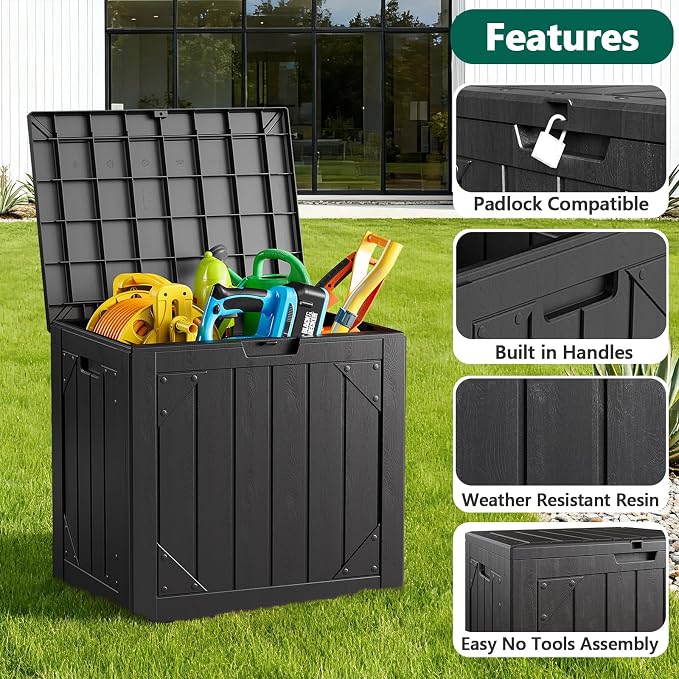30 Gallon Outdoor Storage Box, Waterproof Resin Deck Box Organizer for Patio Cushion Storage, Lockable Outside Container for Garden Tools