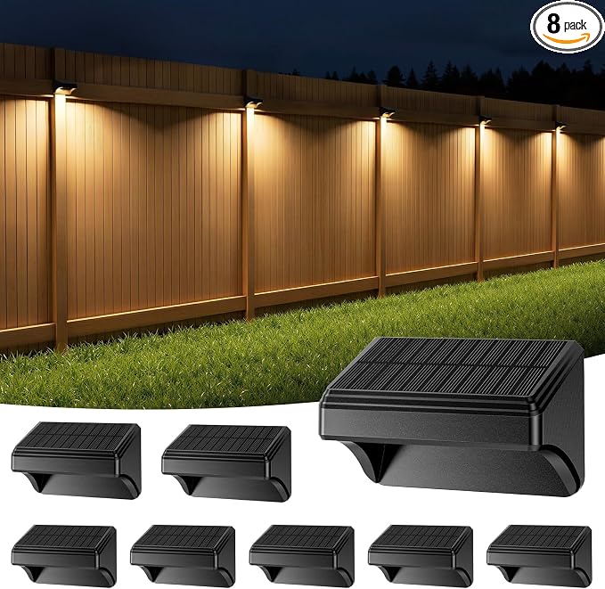 Bridika Solar Fence Lights, Outdoor Waterproof Warm White & Color Glowt, LED, for Backyard, Patio, Deck Railing, Stair Handrail, Pool and Wall (8 Packs)