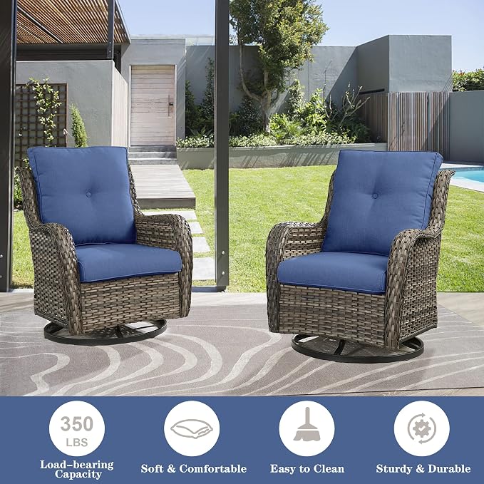 Belord Outdoor Swivel Chairs Set of 2,Patio Wicker Rocker Chairs with Ottomans, All Weather Patio Conversation Furniture Set, Ideal for Porch Balcony Deck Yard, Gray Wicker/Blue