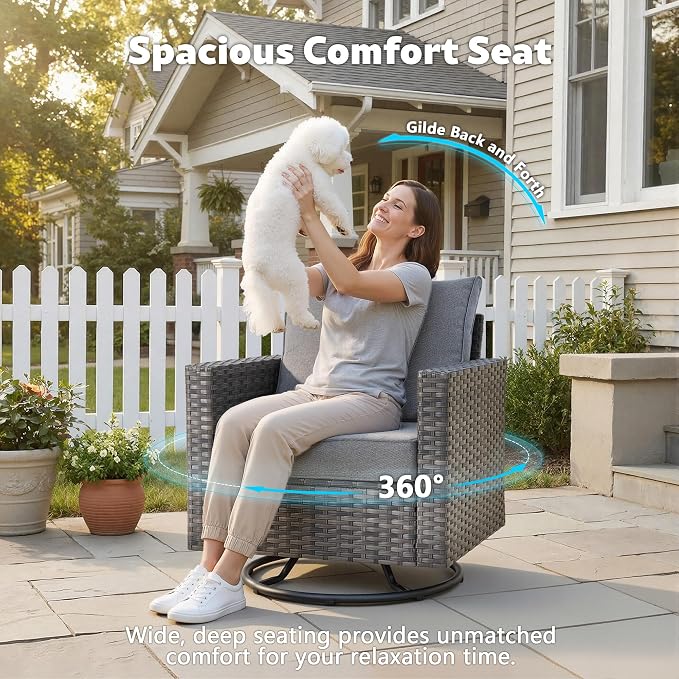 CAODOC 7-Piece Outdoor Wicker Patio Set with 7 Seats, Including 43" Fire Pit - Swivel Rocker Chairs and Conversation Set for Backyard or Lawn, Gray Rattan with Waterproof Dark Gray Cushions
