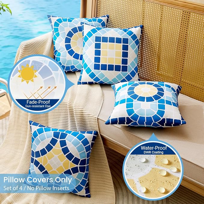 CARRIE HOME Blue Summer Outdoor Pillow Covers Waterproof 18x18 Set of 4, Summer Themed Party Decorations Swimming Pool Chair Pillow 18 x 18, Fade Resistant Waterproof Outdoor Pillows for Patio Porch