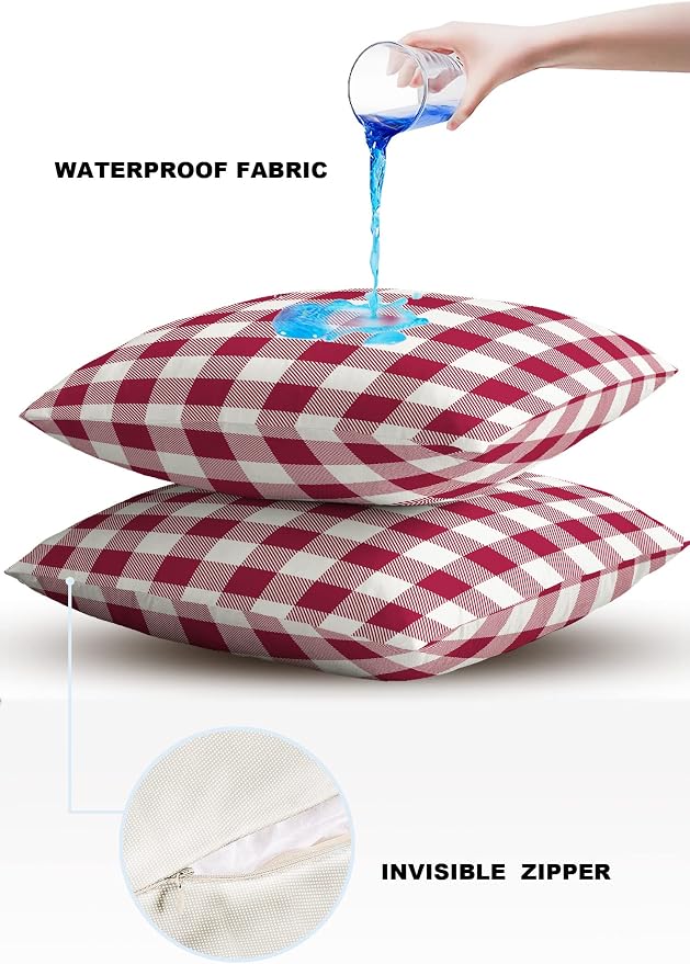 Outdoor Waterproof Throw Pillow Covers Set of 2 Wine Red Buffalo Check Plaid Pillowcases 24x24 Inches Farmhouse Style Patio Decorative Pillows Cushion Case Patio Pillows for Couch Bed Chair Garden