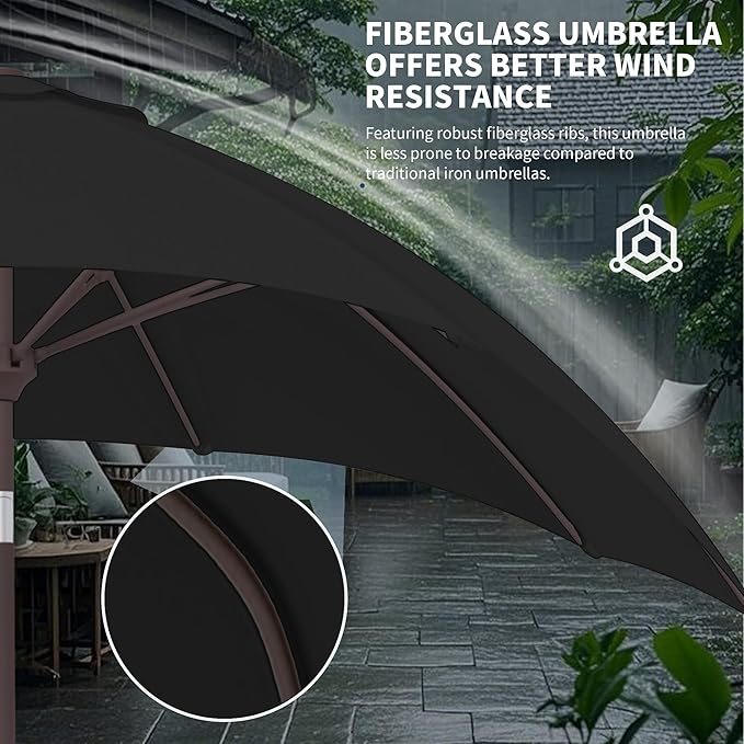 Kingdura 9FT Outdoor Patio Umbrella, Market Table Umbrella with Push Button Tilt and Crank, 8 Sturdy Fiberglass Ribs, UV Protection for Pool, Lawn, Deck, Backyard, Garden (Black)
