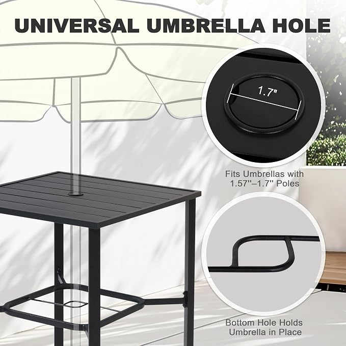 NUU GARDEN 5 Piece Patio Swivel Bar Set, All-Weather Textilene High Bistro Stools, Square Bar Table with Slatted Tabletop and Umbrella Hole for Sunroom, Backyard and Balcony