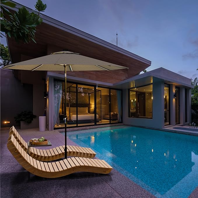 Midtown Umbrellas The LED Swilt 9 Feet Patio Umbrella With Terylast Greige Polyester Fabric - Auto-Tilt Aluminum Frame With LED Lights For Backyard, Deck, Garden, Pool - Black Pole