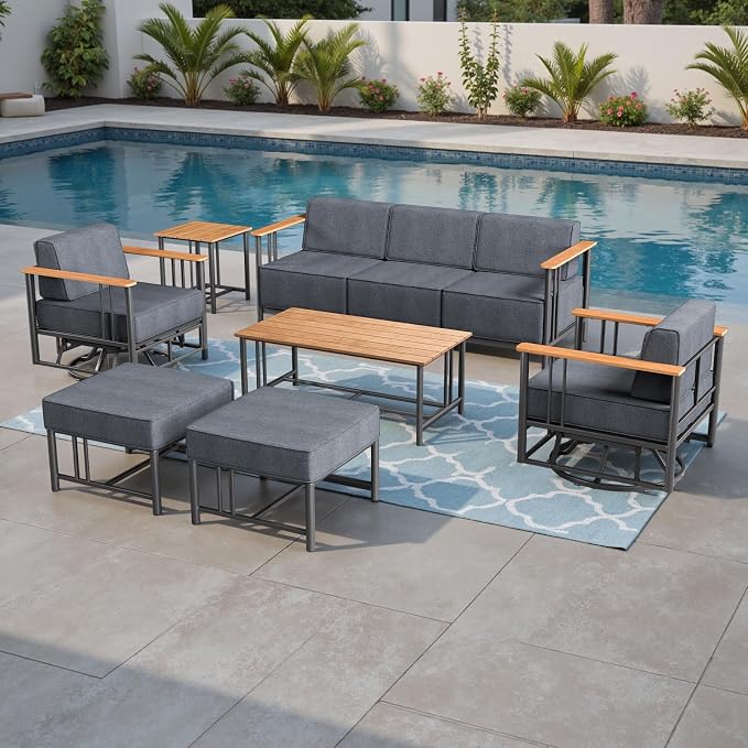 Luxury Outdoor Furniture Set with Swivel Chairs, 7 PCS Patio Furniture Set with 6" Extra Thick Cushions, Suitable for Porch, Balcony, Deck, Patio, Yard, Poolside, Black/Grey