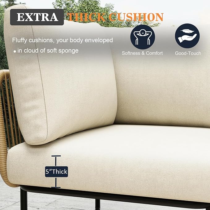 7 Piece Modern Outdoor Rope Wicker Sectional Patio L-Shaped Conversation Sofa Set Deep Seating with Thick Cushions