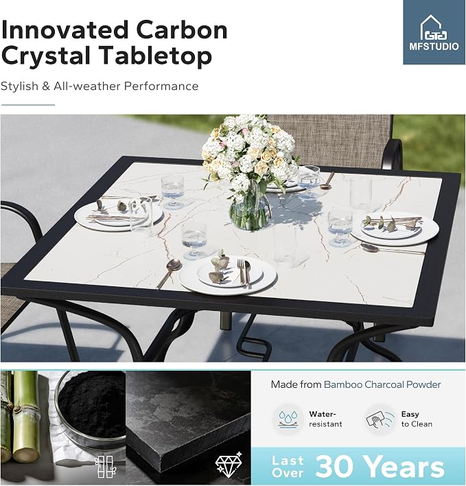MFSTUDIO Patio Table and Chairs Set, Outdoor Dining Set for 4 Persons, 5 Piece Patio Dining Set with Marble Texture Table and Stackable Textilene Chairs