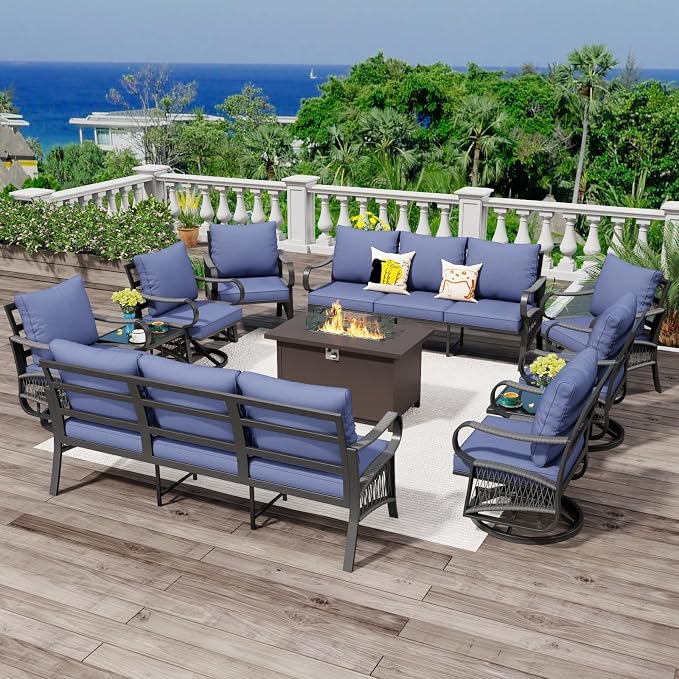 11 Piece Patio Furniture Set, All Weather Metal Outdoor Conversation Set with 50000 BTU Propane Fire Pit Table and 5" Thick Cushions, Sectional Sofa for Garden, Porch, Lawn, Blue
