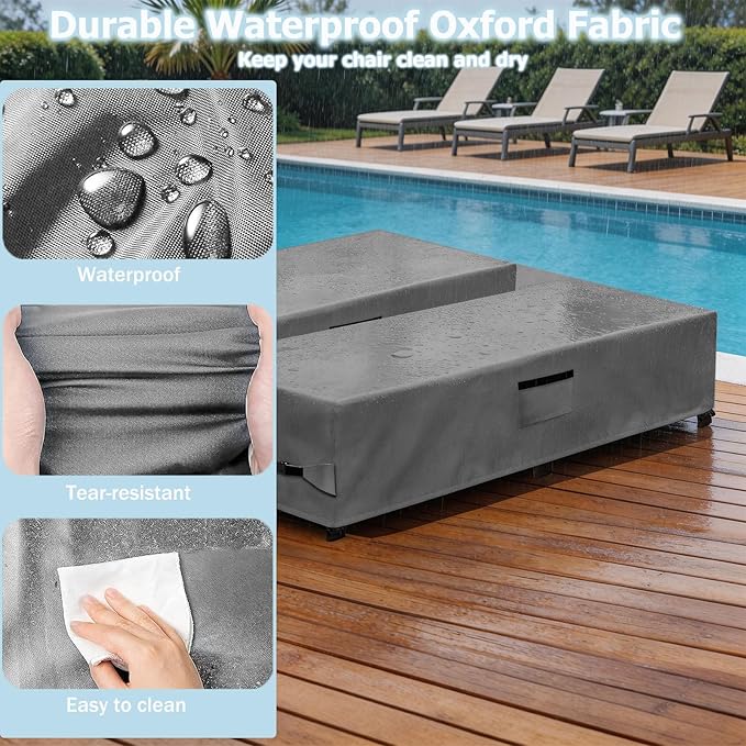 Outdoor Chaise Lounge Covers 2 Pack,Heavy Duty 600D Tear-Resistant Lounge Chair Cover Waterproof Outdoor,All-Weather Protection Patio Chaise Lounge Covers,80" L x 28" W x 14" H,Grey