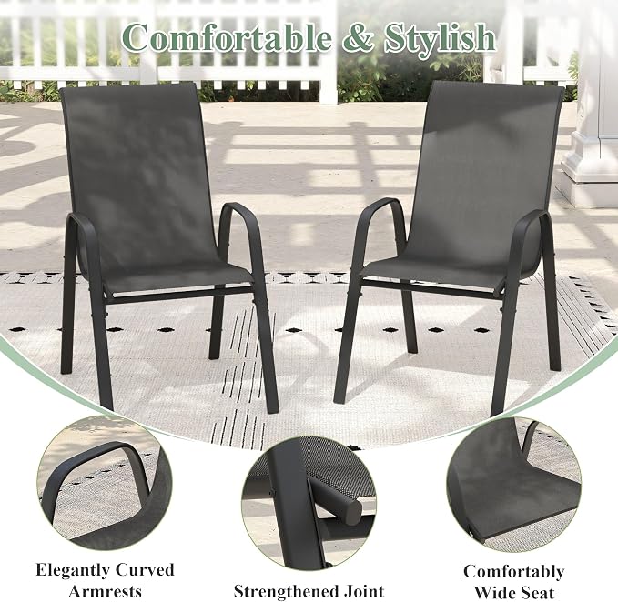 5 Pieces Outdoor Dining Set, 40.7" Spliced Patio Table with Umbrella Hole & Stackable Outdoor Dining Chairs, Patio Furniture Set for Deck Garden Porch, Black Chairs & Walnut Table