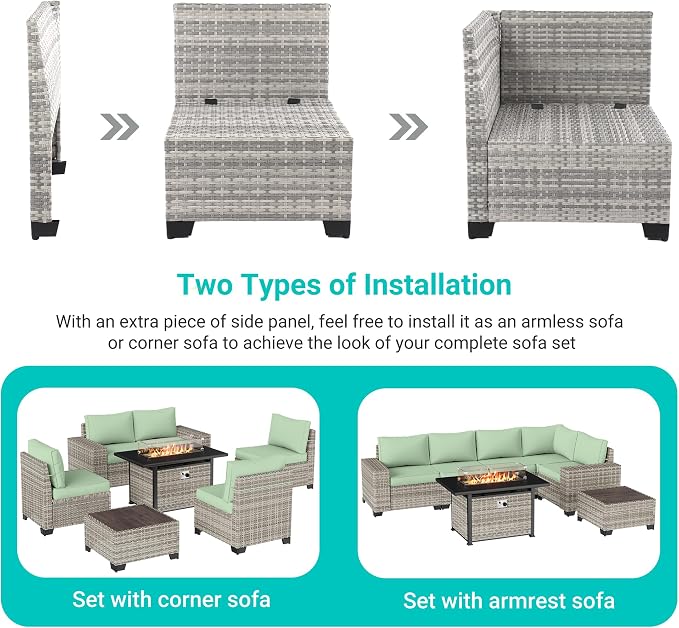 13-Piece Outdoor Patio Furniture Set with 55,000 BTU Fire Pit Table, PE Wicker Rattan Sectional Sofa Patio Conversation Set with Coffee Table, Light Green