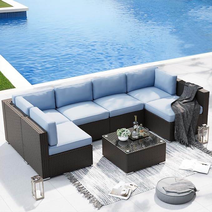 SOLAURA 7 Pieces Outdoor Patio Furniture Set, Black Brown Rattan Outdoor Patio Sectional Conversation Set, Modular Sofa Set with Coffee Table, Sky Blue (Include Sofa Cover)