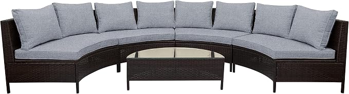 5-Piece Half Moon Outdoor Sectional Sofa Set, Patio All-Weather PE Wicker Furniture with Pillows, Cushions and Half-Moon Tempered Glass Table