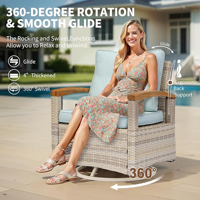 MEISSALIVVE 3 Piece Outdoor Swivel Rocking Chairs, Patio Furniture Bistro Set with 360° Wood Armrests Swivel Glide Chairs and Side Table for Deck Yard and Poolside (Blue)