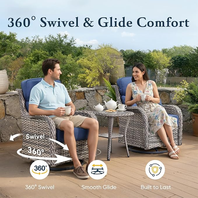 Belord Luxury 6" Thick Cushioned Outdoor Swivel Rocker Patio Chairs of 2, High Back Wicker Patio Furniture Set with Ergonomic Zone Back, Conversation Glider Set for Deck Porch - Grey+Blue