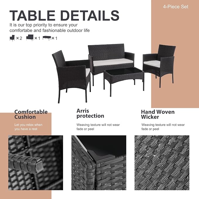 Shintenchi 4 Piece Outdoor Patio Furniture Sets, Small Wicker Patio Conversation Furniture Rattan Chair Set with Tempered Glass Coffee Table for Backyard Porch Garden Poolside Balcony,Black