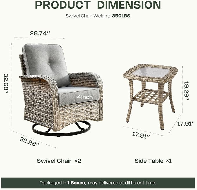 Outdoor Swivel Rocking Chair Set of 2 with Coffee Table, Wicker Patio Glider Chairs with 4 Inch Thick Cushions, 350lbs Capacity High Back Rattan Furniture Set for Sunroom and Small Spaces, Dark Gray
