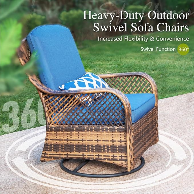 PHI VILLA Oversized Outdoor Swivel Rocker Chairs Set 3 Piece with 1 Table and 2 Rocking & Swivel Chairs Support 350lbs Navy Blue Wicker Outdoor Furniture Patio Conversation Set