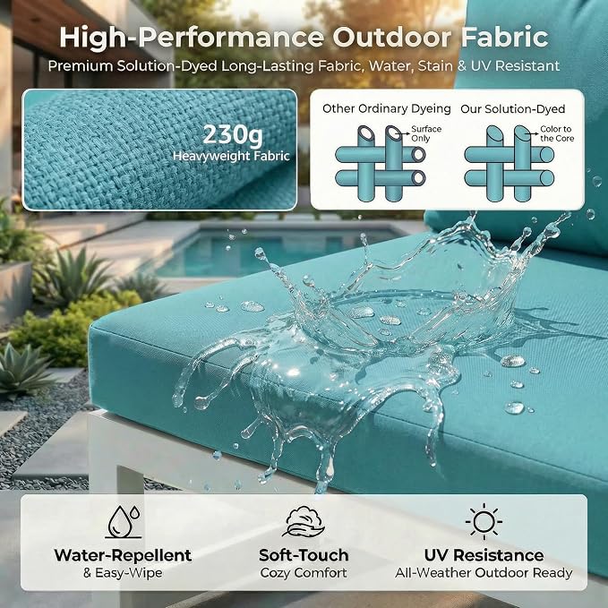 RADIATA 7 Pcs Large Aluminum Outdoor Patio Furniture Set with Rectangular Fire Pit Table, 29" Wide Deep Seat, Rust Proof Minimalist Sectional Sofa, 500 lbs Sturdy Backyard Conversation Set, Turquoise