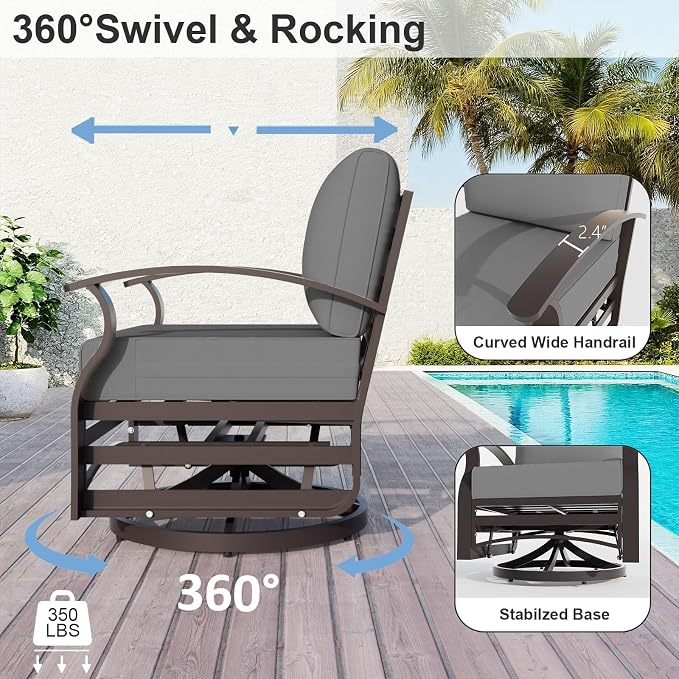 ALAULM Aluminum Patio Furniture Set with 2 Swivel Chairs 7-seat Metal Outdoor Furniture Patio Sectional Sofas Patio Conversation Set w/5.1" Cushions for Patio, Backyard, Poolside-Grey