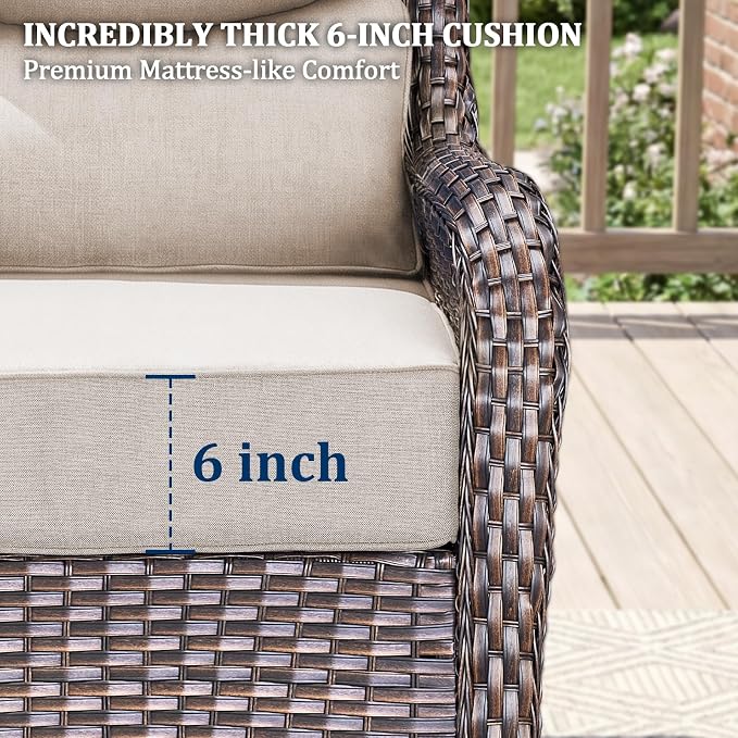 Luxury Swivel Rocker Chair Sofa Set with 6" Thick Cushions,8-Piece Wicker Patio Chair with Coffee Table and Ottoman,Outdoor Comfortable High Back Chair Patio Furniture Set - Brown | Beige