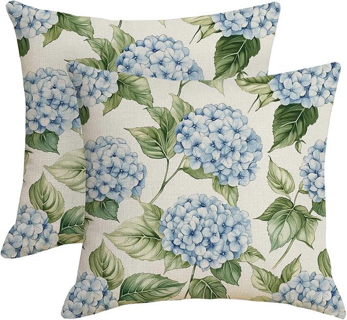 Blue Hydrangea Outdoor Throw Pillow Covers 18x18 inch Set of 2 Waterproof Floral Pillow Cases Flower Decorative Cushion Covers for Patio Garden Spring Decor