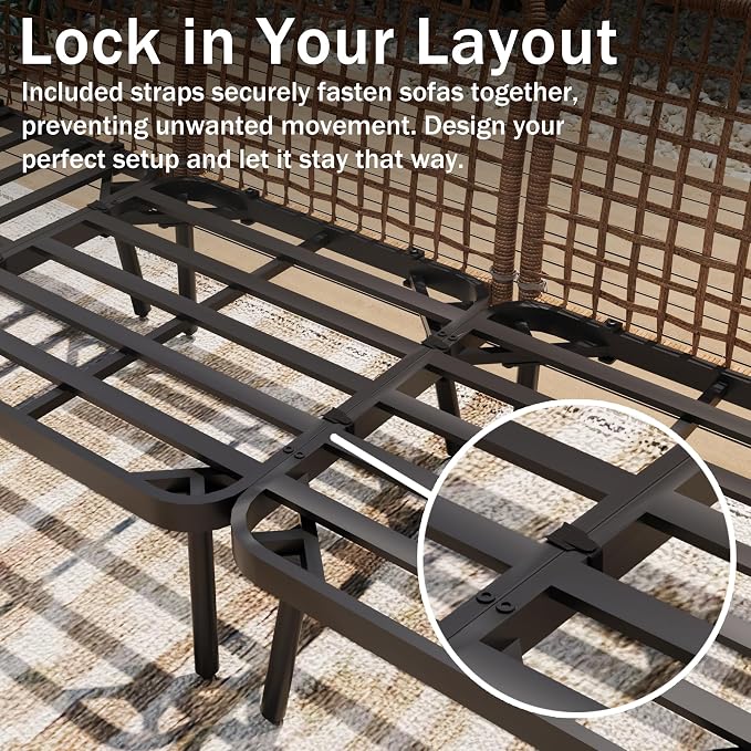 6-Piece Patio Conversation Set, Outdoor Sectional Sofa Modular Wicker Furniture with Thick Cushions & Wood Grain Coffee Table, Patio Furniture for Backyard Porch