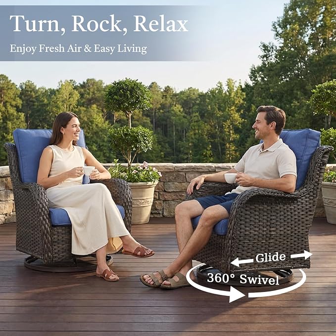 Outdoor Swivel Rocker Patio Chairs-Wicker Patio Swivel Chairs Set of 2 PE Rattan Patio Furniture for Porch Deck Balcony Garden-Brown/Blue