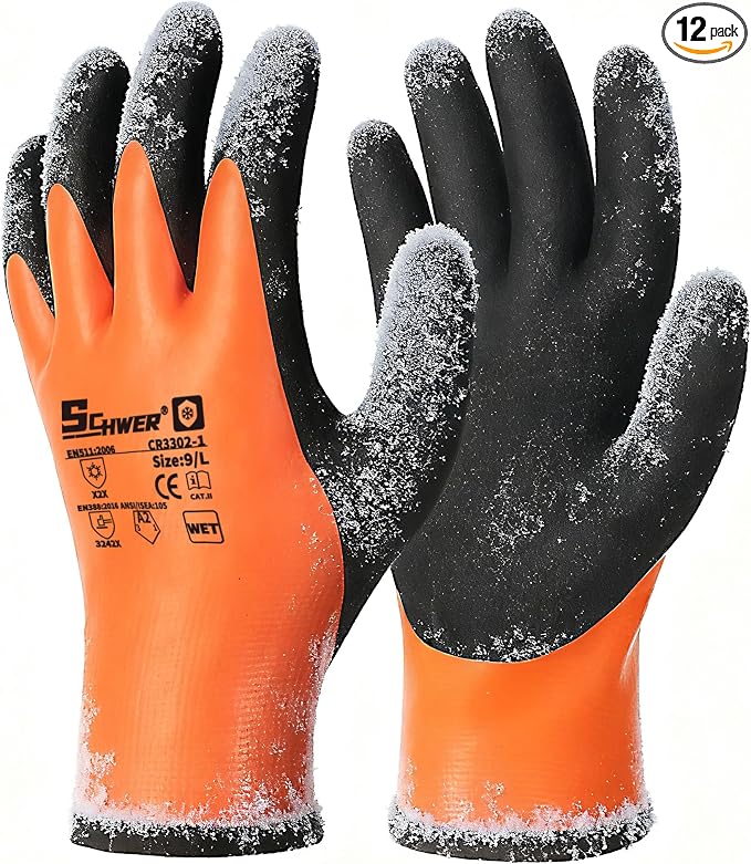 Schwer 12 Pairs Waterproof Winter Work Gloves Latex Coated, CR3302-1, L | ANSI A2 Cut Resistant, Enhanced Warmth & Durability, for Shoveling Snow, Ice Fishing, Outdoor Cold Weather Keep Hands Warm