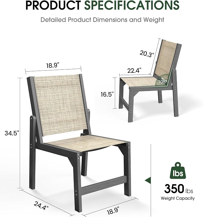 Patio Stackable Chair, HDPE Armless Outdoor Dining Chairs with Wide Seat, All-Weather Textilene Oversized Porch Chair for Garden, Poolside, Backyard, Deck | Grey