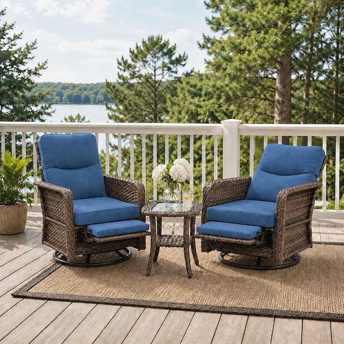 Yechen 3 Piece Outdoor Patio Wicker Chairs with Footrest and Adjustable Backrest, Furniture Set with 2 Swivel Chairs and Side Table, Thickened Seat Cushions for Porch Deck Backyard, Slate Blue