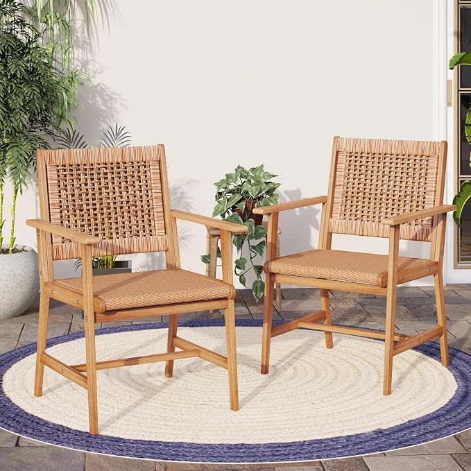 MFSTUDIO Patio Dining Chairs, Set of 2, Acacia Wood & Rattan, Natural Wood | Breathable, Supports 300 lb, For Garden
