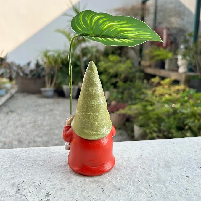 Garden Female Gnome Statue Decoration with Leaf Umbrella, 6.5” Figurine Ornament for Indoor Outdoor Home Patio Yard Lawn, for Gnome Lovers & Garden Enthusiasts，Mom，Women