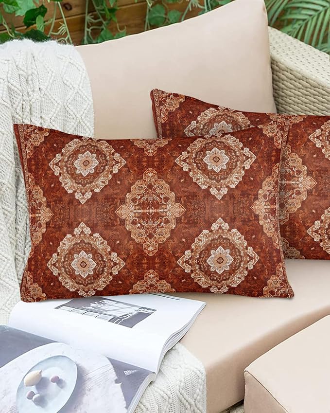 Prime Leader Outdoor Waterproof Pillow Covers Set of 2, Medieval Turkish Patterns Mural Wallpaper Retro Patio Throw Pillow Covers, Decorative Cushion Case for Couch Sofa Furniture Garden, 20x12 Inch