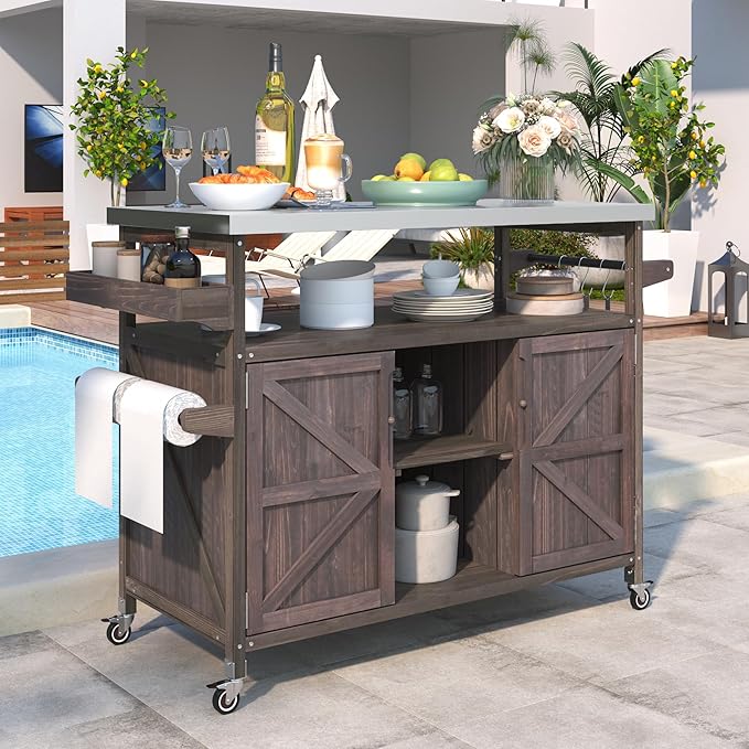 Outdoor Deck Box Storage Cabinet with Stainless Steel Countertop, 50 Inch Solid Wood Patio Storage Box on Wheels for Garden Tools, Grill Prep, and Pool Accessories, Dark Brown