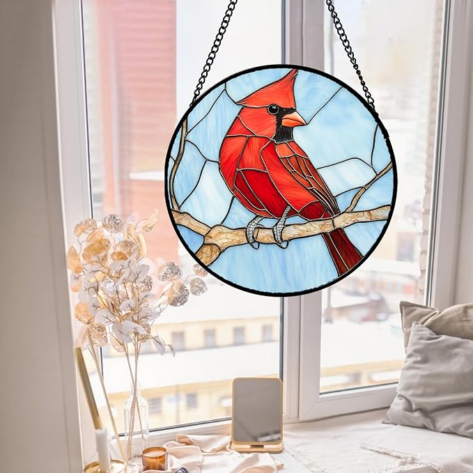 Stained Glass Window Hanging Cardinal Birds Large 15" - Suncatcher Door Garden Sun Catcher Home Decor Christmas Birthday for Bird Lovers Woman Her Nana Wife Men Mom