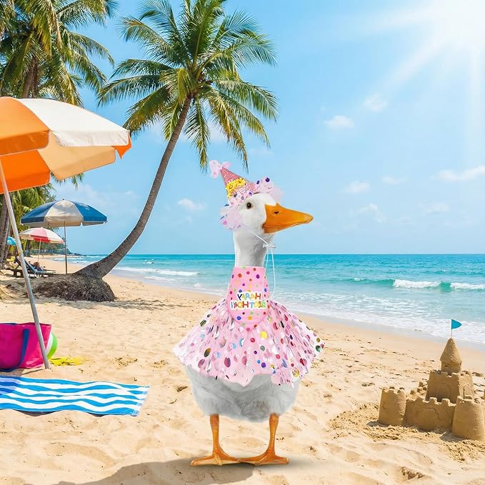 Porch Goose Outfits, Birthday Goose Outfits with Glitter Tutu Skirt, Birthday Hat and Bandana Valentine Porch Gooses Outfit for 23" 17" Outdoor Statue Patio Yard Lawn Art(Pink)