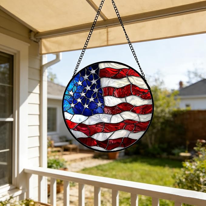 DASTOLL Stained Glass Window Hanging, Blue, White Red National Flag Pattern Sun Catchers Diamond Glass Panel Window Hangings Decor for Birthday Gifts for Women, Men, and Mom 14.9x14.9IN