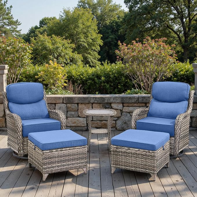 Swivel Patio Chairs Sofa Set of 5 with 6" Thick Cushion - Wicker Outdoor Swivel Rocker Patio Chair with Side Table, High Back Comfortable Outdoor Glider Chairs - Grey Wicker | Blue Cushions